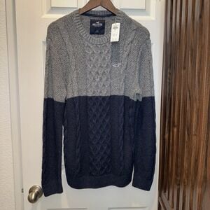 NWT Hollister Cable Knit Jumper Pullover Crewneck Grey Navy Blue Mens  Small VTG